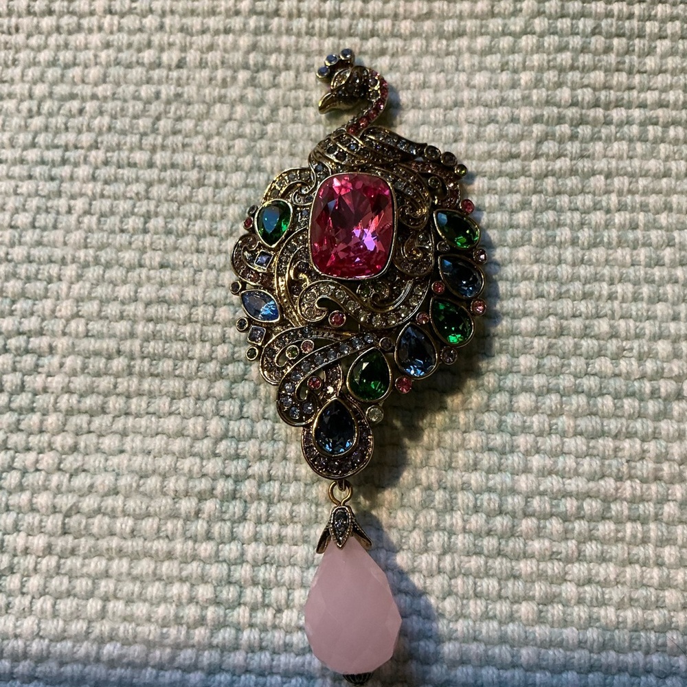 Heidi Daus Vibrant Pink and Blue Peacock Brooch